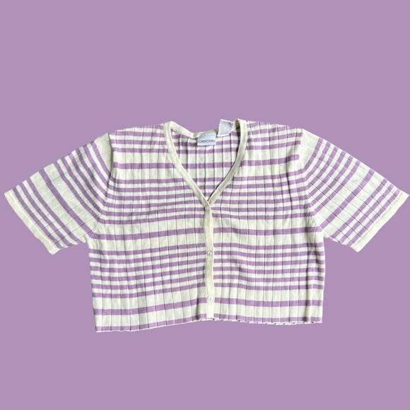 Vintage Cropped Lavender and White Stripe Cardigan - Picture 1 of 5